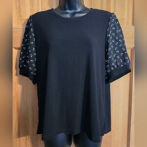CeCe Black Top with Floral Sleeves